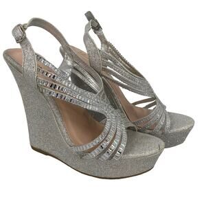 Lauren Larraine Silver Rhinestone Platform Heels Size 7